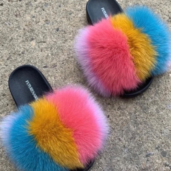 Passion Fruit Real Fur Slides sizes 9.5,10,10.5,11 - Picture 3 of 5